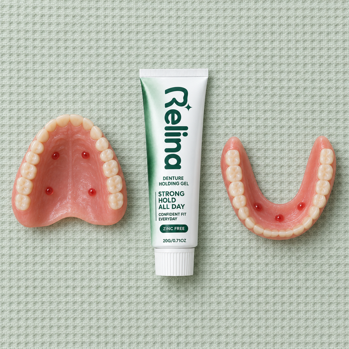 Upper and lower dentures with dots of Relina gel