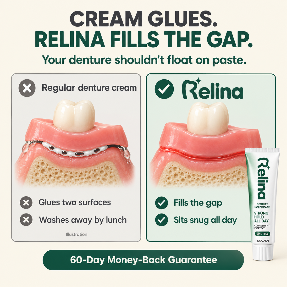 Cream glues. Relina fills the gap.