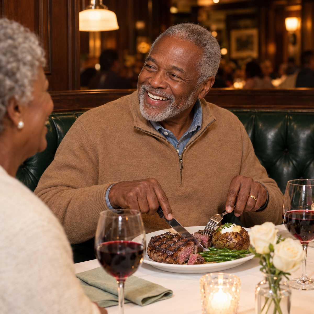 Enjoying a steak dinner with dentures that stay put