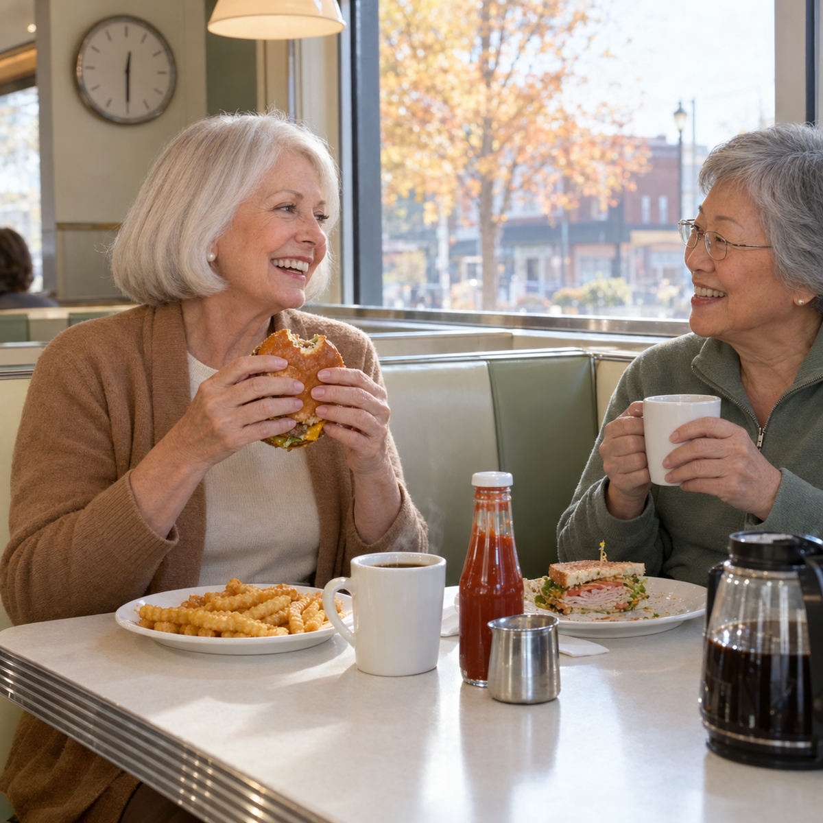 Burger and fries at the diner, no restroom trip