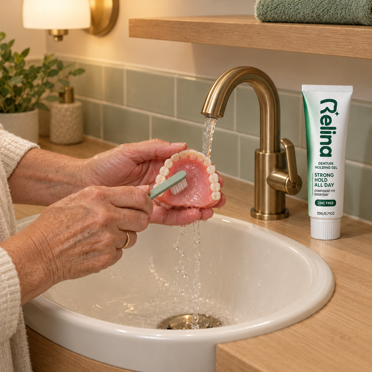 Brushing a denture clean at the sink, Relina tube nearby