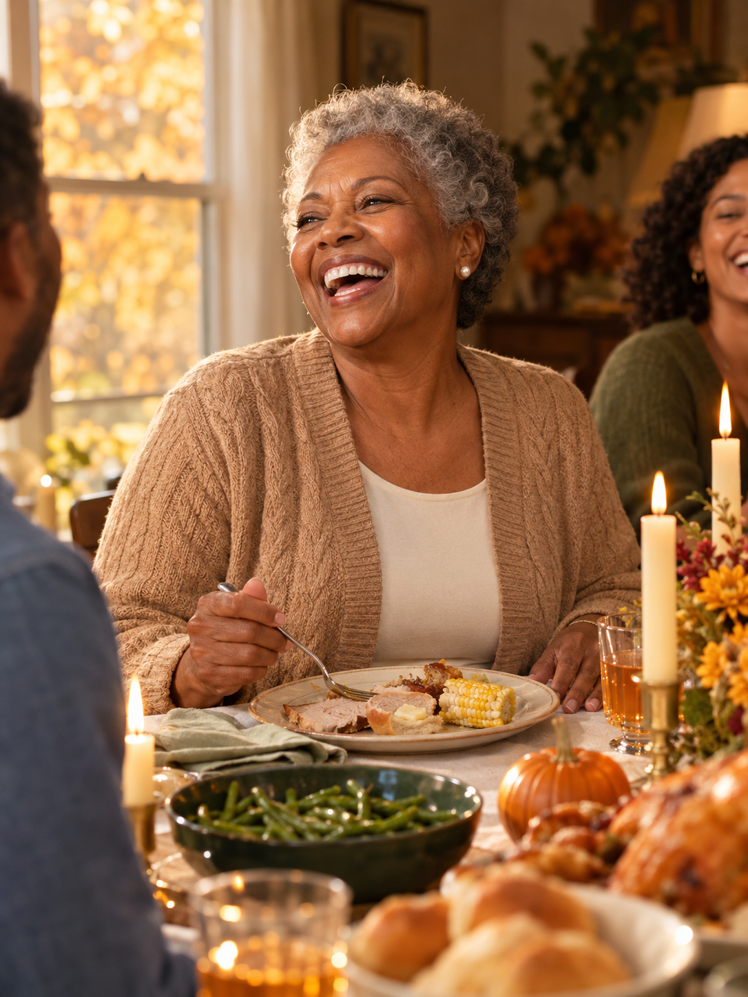 Woman in her seventies laughing at a family dinner table