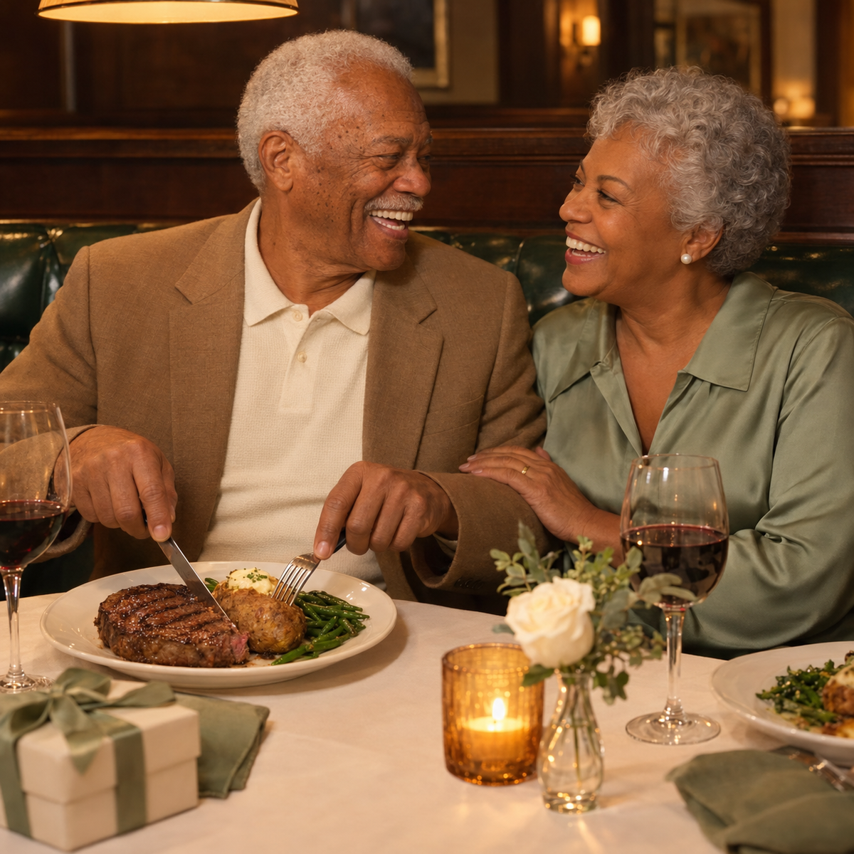 Enjoying a steak dinner with dentures that stay put