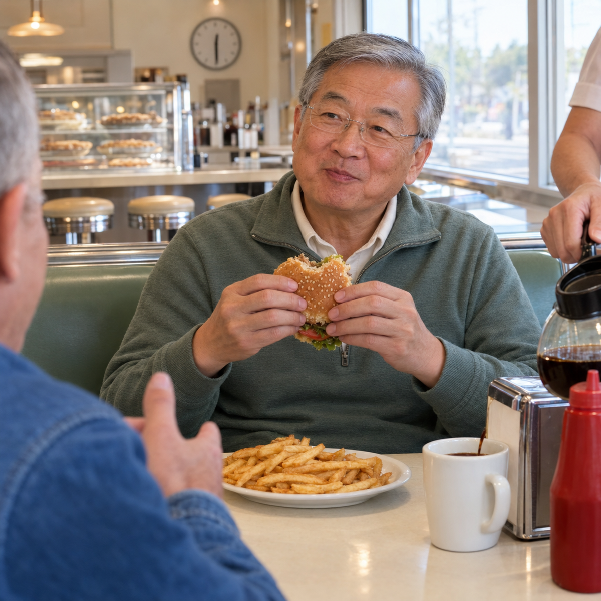 Burger and fries at the diner, no restroom trip