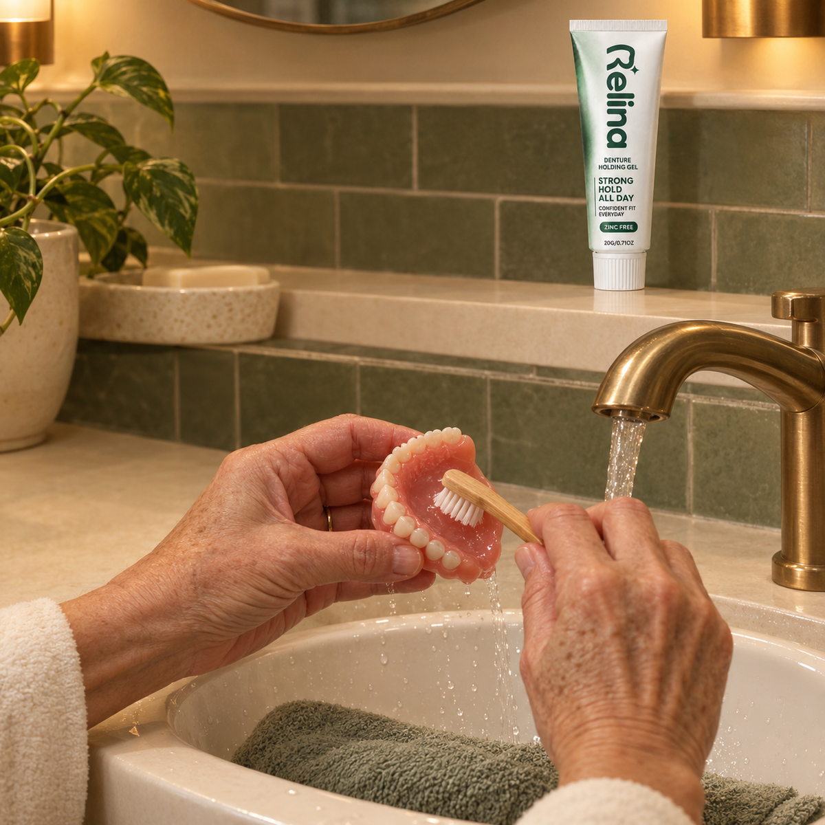 Cleaning a denture before applying Relina