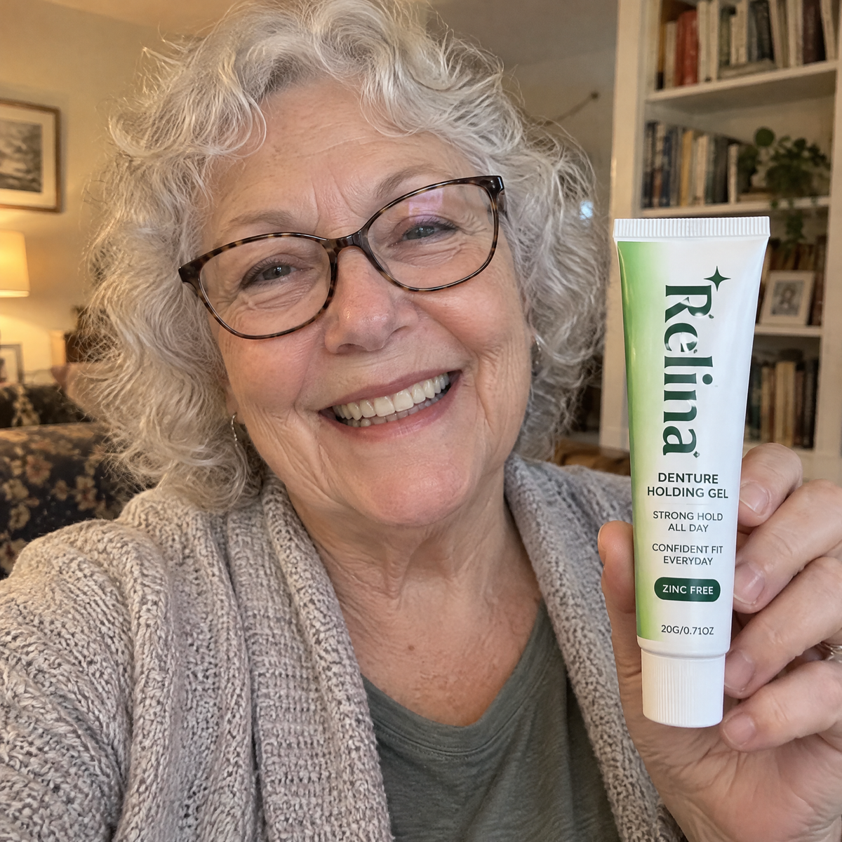 Dorothy M. holding Relina tube in living room