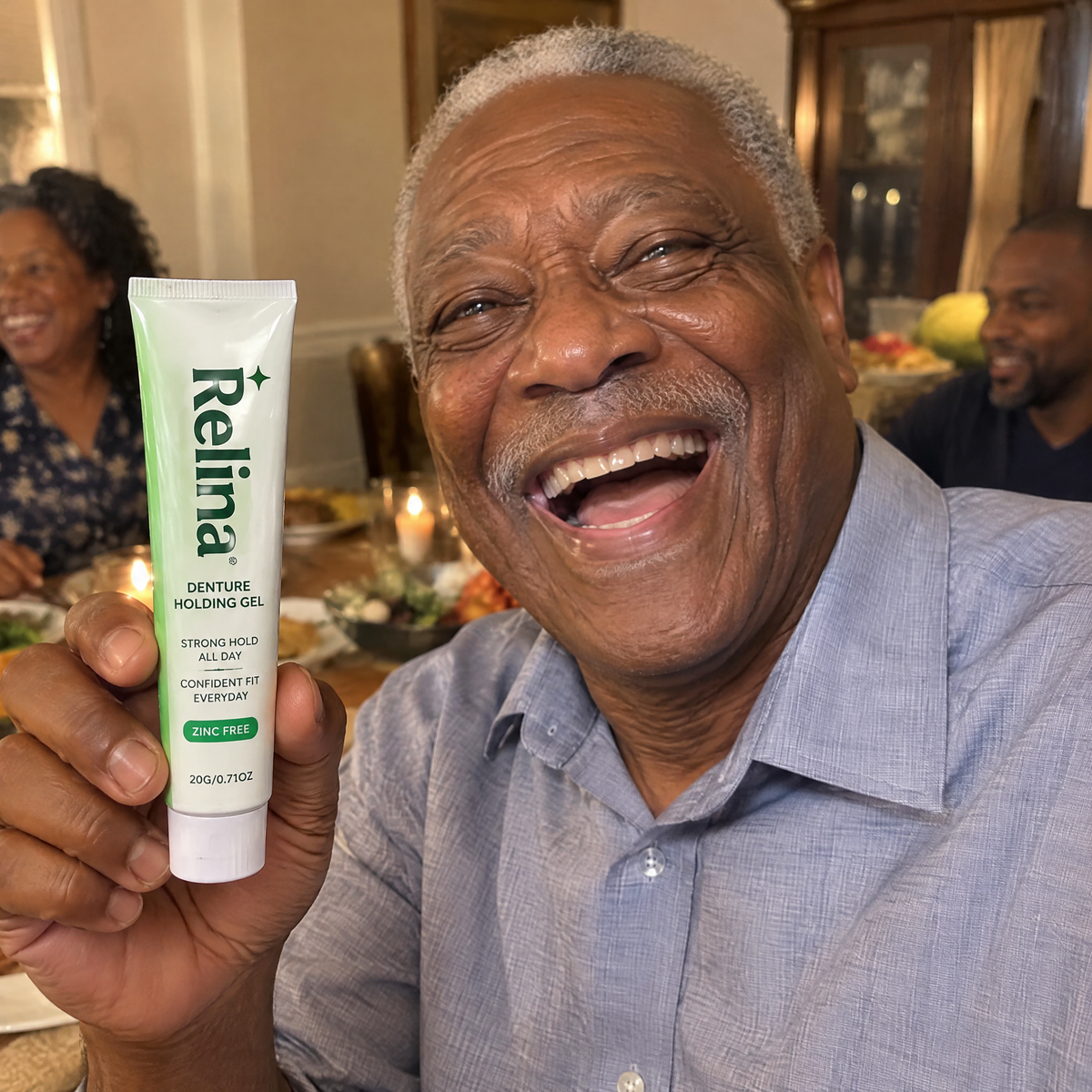 Richard H. holding Relina tube at dinner