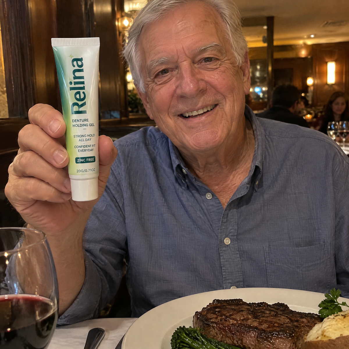 Robert S. holding Relina tube at restaurant
